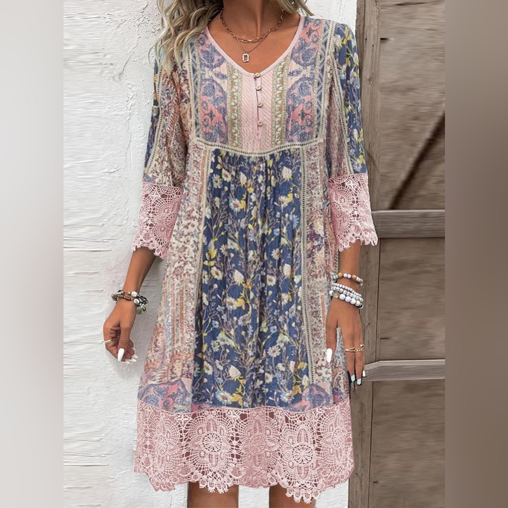 Floral Lace Midi Dress - Pink and Blue